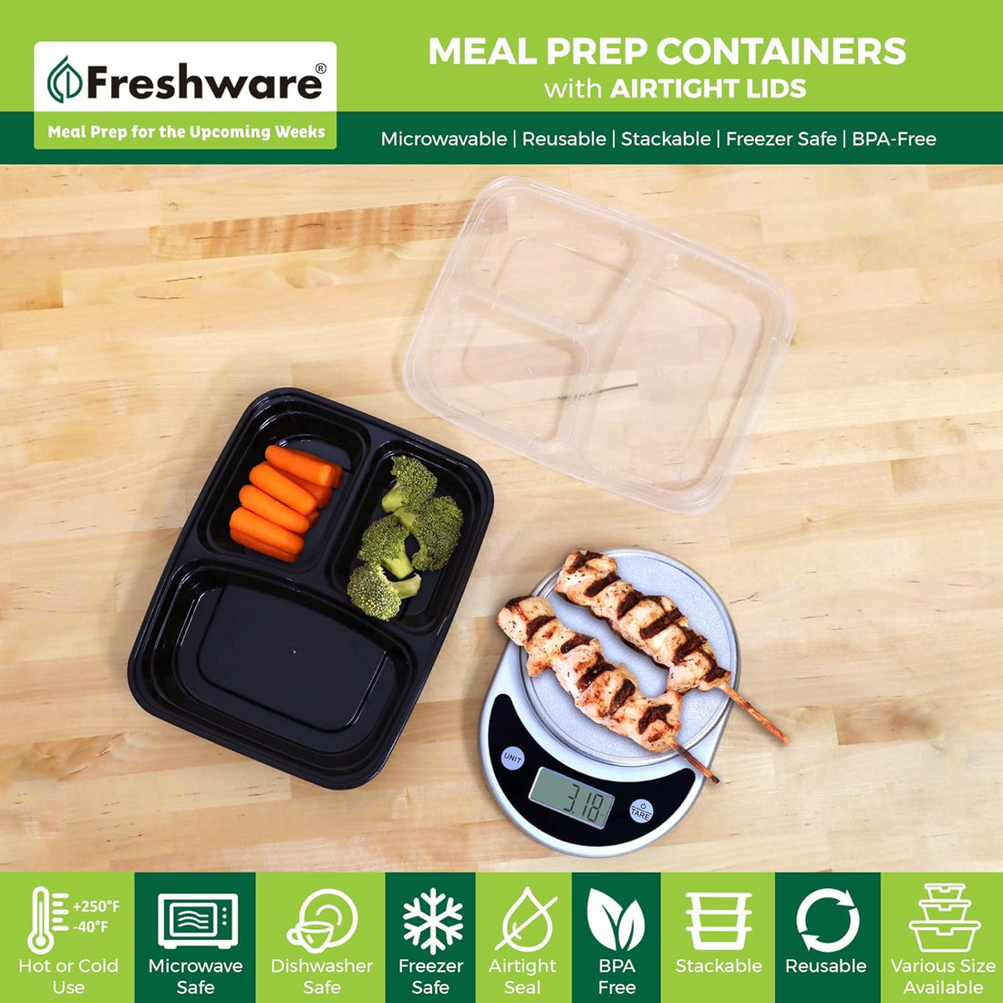 Meal Prep Containers [150 Pack] 3 Compartment with Lids, Food Containers, Lunch Box, Stackable, Bento Box, Microwave/Dishwasher Safe (32 Oz)